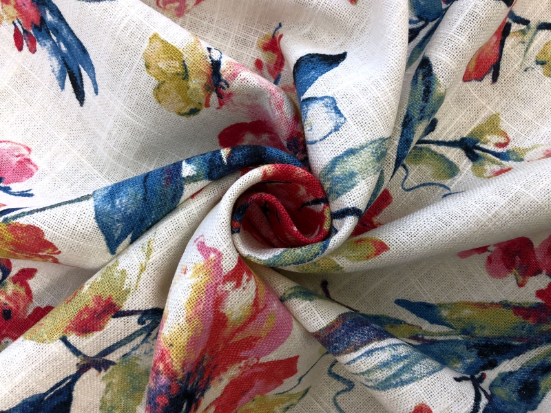 Linen Viscose Floral Birds Upholstery Print in Blueberry1