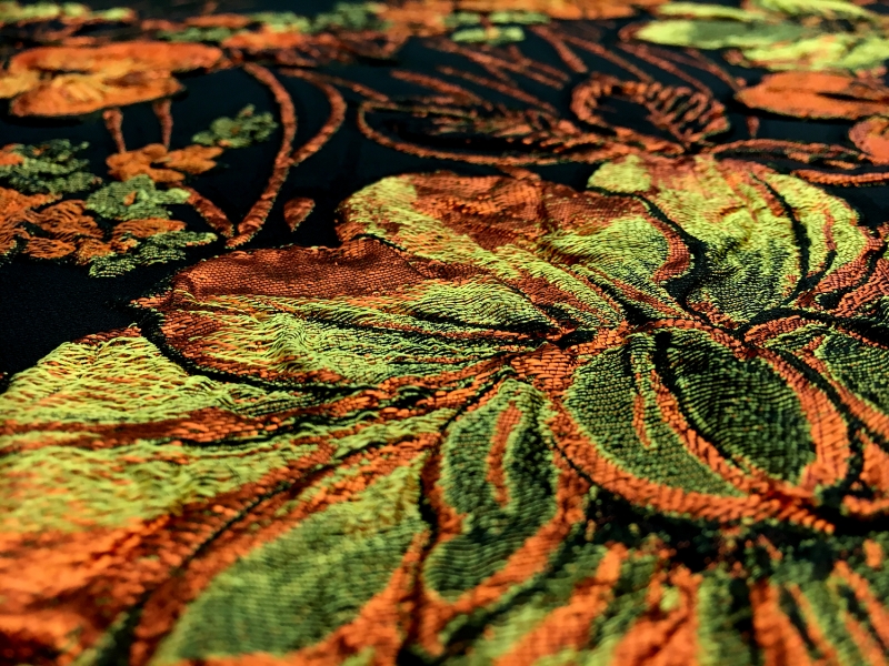 Silk Blend Metallic Cloqué Panel with Florals and Large Leaves3