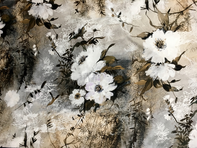 Silk Mikado with Printed Florals and Bamboo Trees0