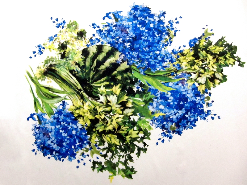 Printed Silk Mikado Panel with Watermelon and Florals0