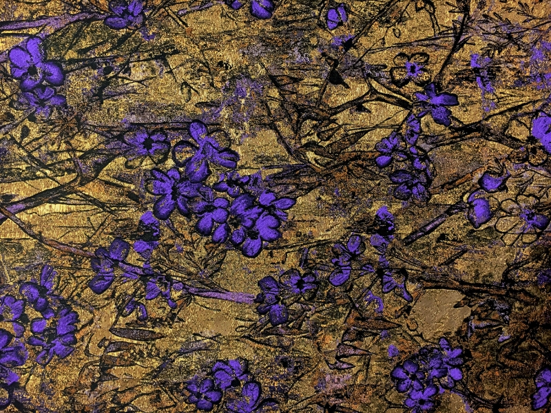 Antique Gold Floral Brocade Fabric with Violet Flowers0