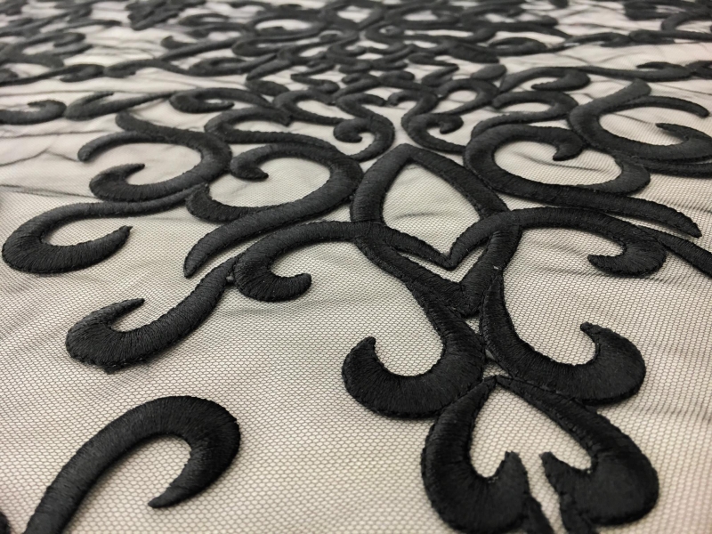 Heavily Embroidered Tulle in Black2