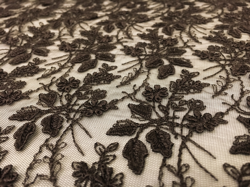 Brown Embroidered Illusion with Flowers and Leaves with Double Scallop2