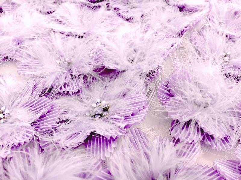 Beaded Appliqued Flowers and  Feathers on Tulle2