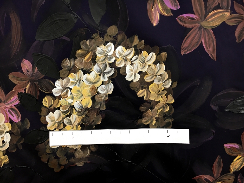 Iridescent Purple and Black Silk Taffeta Panel with Handpainted Flowers2