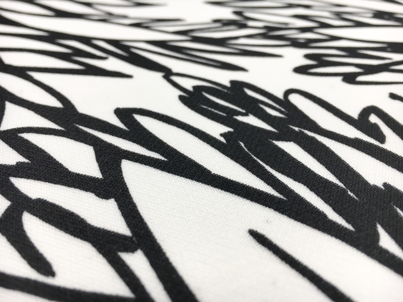 Printed Silk Gazar with Sketched Black and White Leaves2