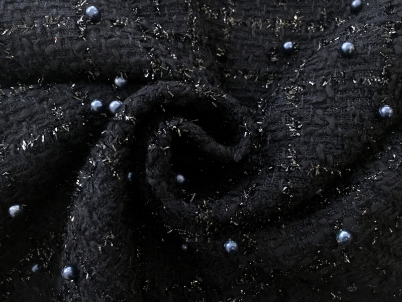 Italian Cotton Blend Tweed with Pearls in Navy1