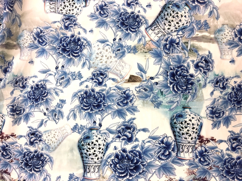 Linen Handkerchief Print with China Vases and Flowers 0