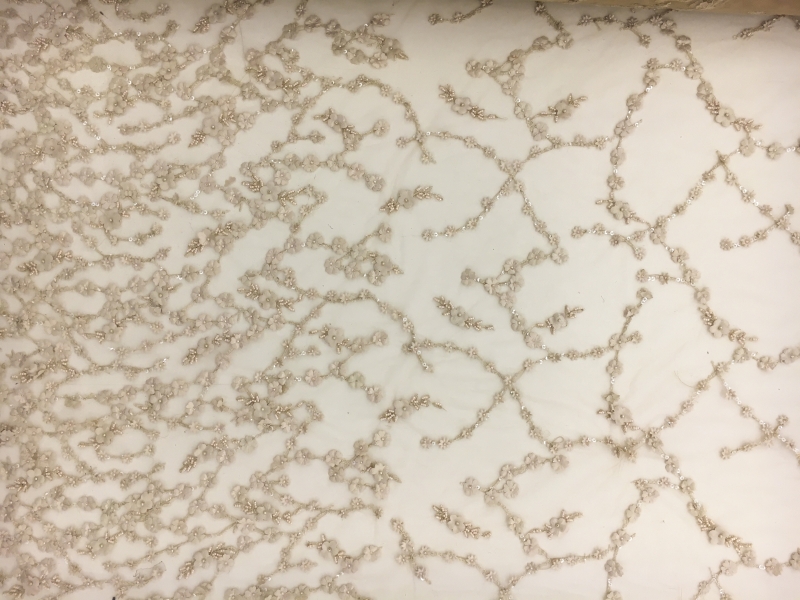 Beaded Tulle with Small Floral Appliques in Sand0