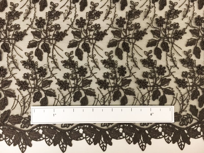 Brown Embroidered Illusion with Flowers and Leaves with Double Scallop1