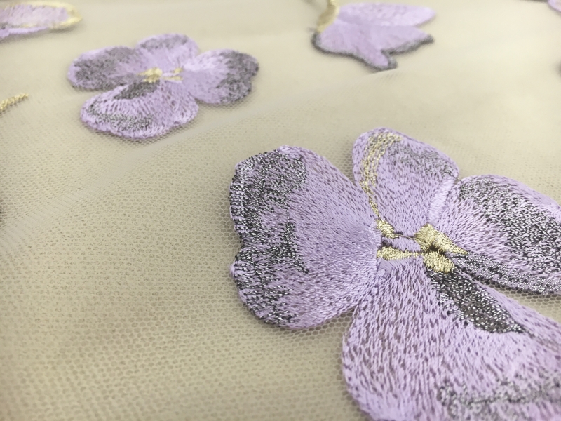 Embroidered Metallic Tulle with Degradé Flowers and Butterflies2
