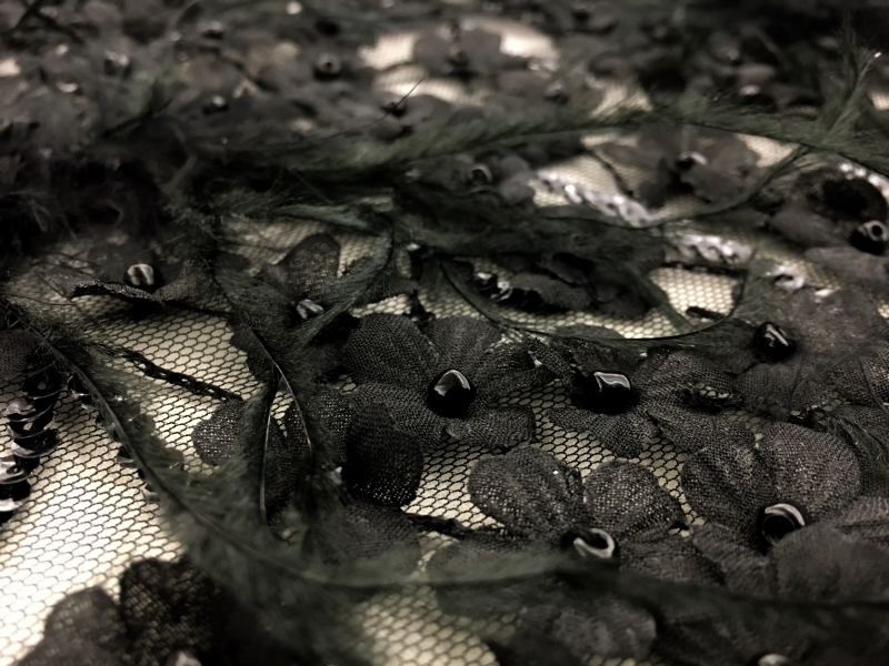 Beaded and Embroidered Tulle with Appliqued Flowers and Feathers in Triangle Patterns2