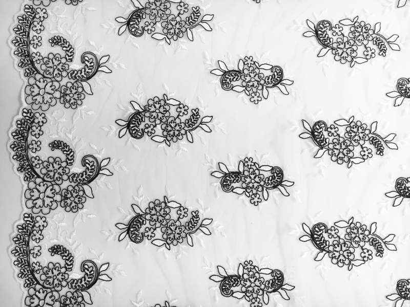 Black and White Embroidered Tulle with Floral Motifs0