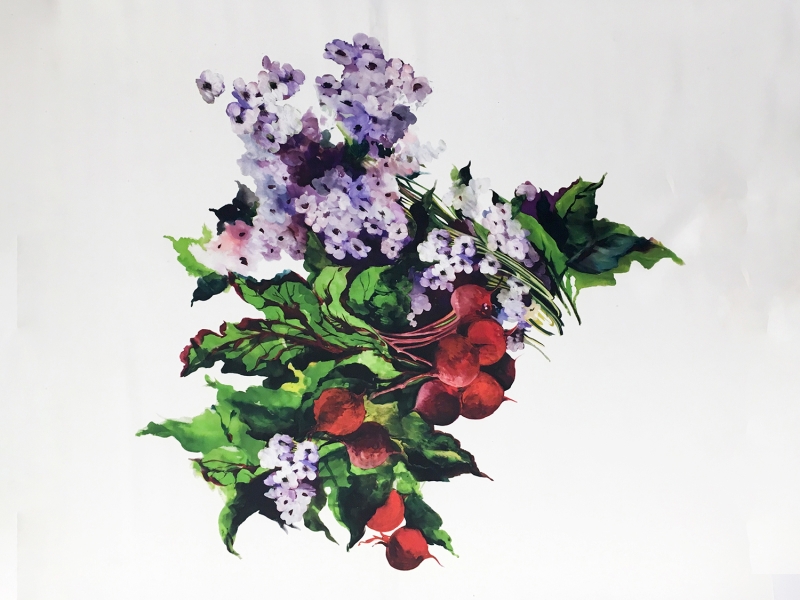 Printed Silk Mikado Panel with Beets and Florals0