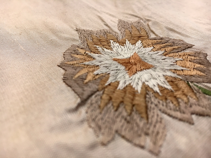 Iridescent Embroidered Silk Shantung with Flowers on Vines2