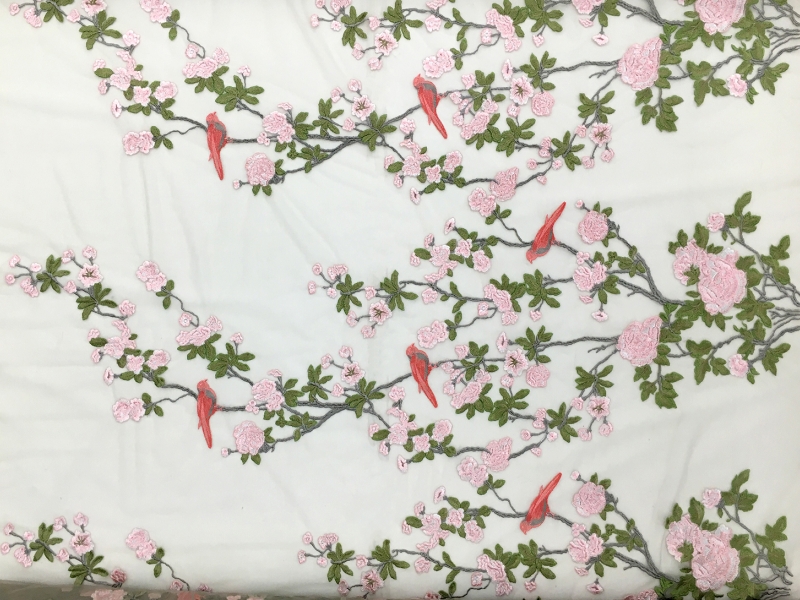 Metallic Embroidered Tulle with Birds and Flowers0